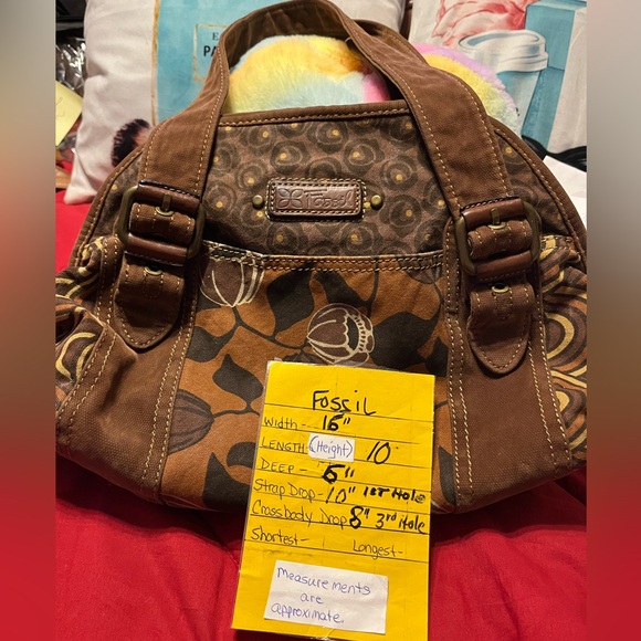 GUC FOSSIL Brown Floral/ Geometric Pattern Satchel Handbag - Picture 3 of 13